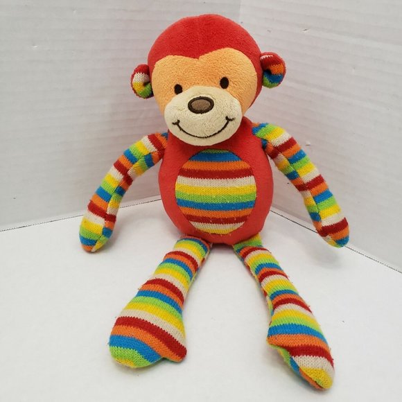 Little Jellycat London Monkey Lovey Animal Plush Red Multi Stripe Baby Toy RARE